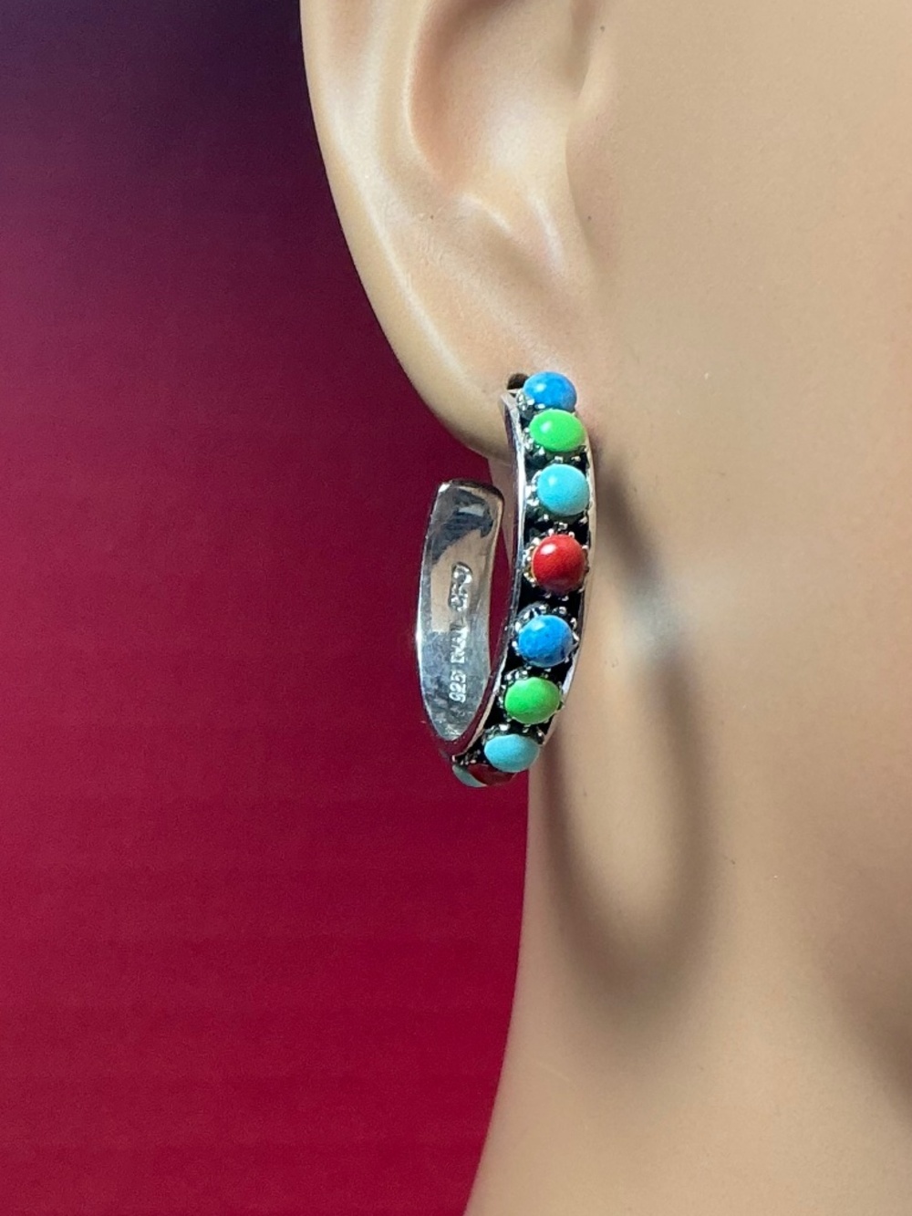 Sterling Silver Southwest Style Colorful Beaded Hoop Earrings. 1” diameter